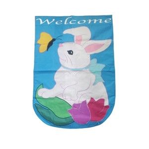 Large Spring Easter Embroidered House Flag Rabbit Tulips Butterfly Double Sided